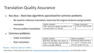 Translation Quality Assurance
● Key idea：black-box algorithms specialized for common problems
○ No need for reference translation; need only the original sentence and generated
translation
○ Precise problem localization
● Common problems
○ Under-translation
○ Over-translation
Tencent、UIUC Collaborative Work
Zheng, Wang, Liu, Zhang, Zeng, Deng, Yang, He, Xie. Testing Untestable Neural Machine Translation: An Industrial Case. arXiv:1807.02340, July 2018.
 