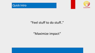 Quick Intro
*example rendering. Not actual plan
“Feel stuff to do stuff..”
“Maximize impact”
 
