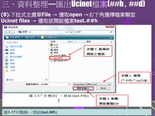 (8).下拉式主選單File → 選取open →右下角選擇檔案類型
Ucinet files → 選取欲開啟檔案test.##h
圖1-17步驟(8) －開啟(test.##h)
三、資料整理—匯出Ucinet檔案(##h , ##d)
 