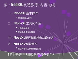 一、 NodeXL基本操作
•開啟與匯入資料
二、 NodeXL工具列介紹
•計算網絡指標
•節點與線條基本屬性
三、NodeXL圖形編輯視窗功能介紹
四、NodeXL進階操作
•節點與線條之網絡屬性設定
(以下教學PPT由助教 林崑峯製作)
貳、NodeXL軟體教學-內容大綱
 