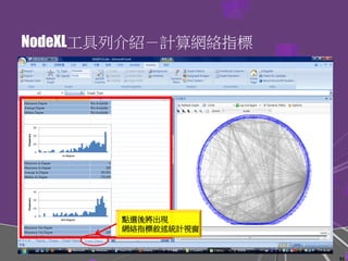 NodeXL工具列介紹－計算網絡指標
點選後將出現
網絡指標敘述統計視窗
51
 