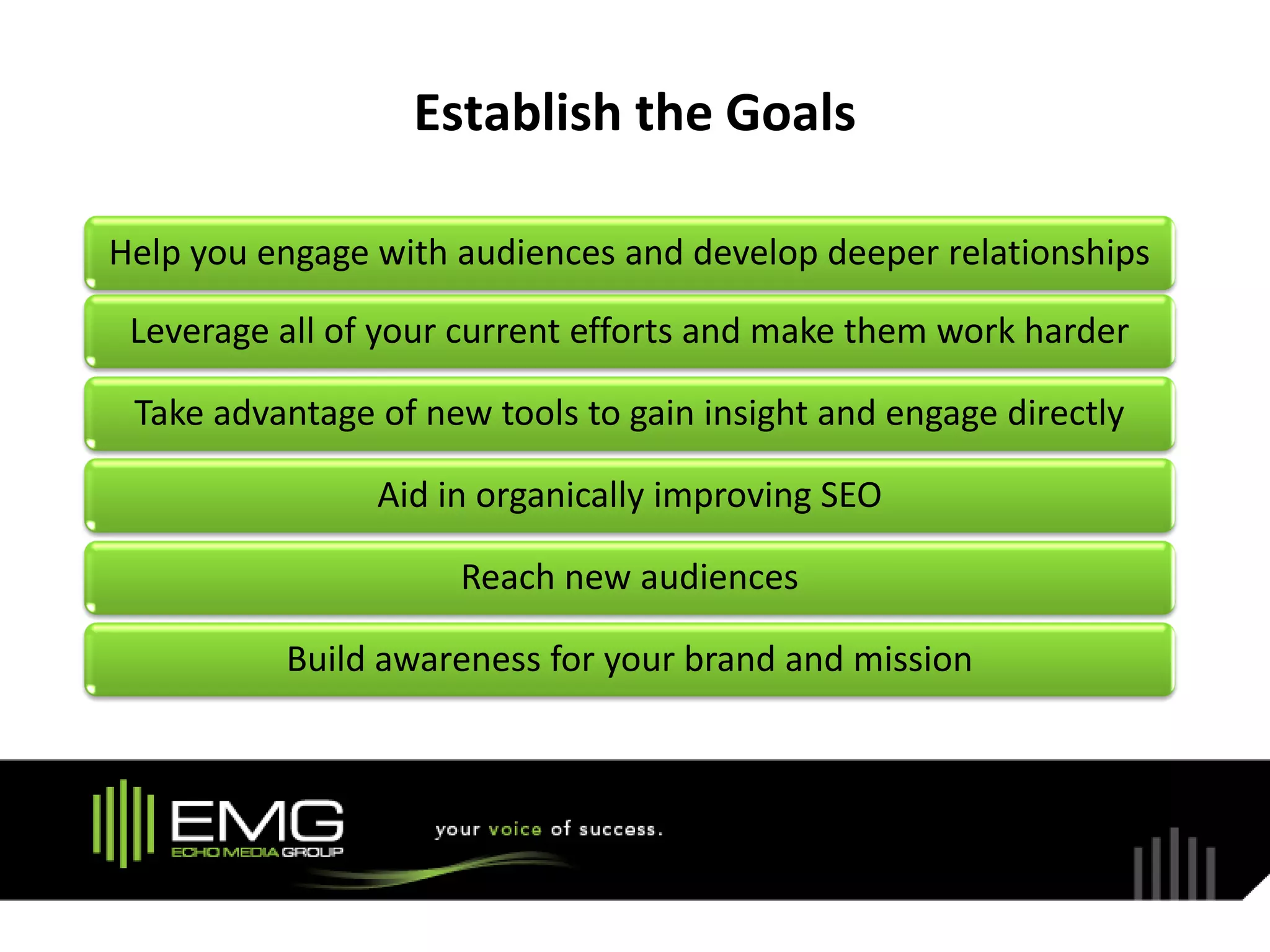 Establish the Goals

Help you engage with audiences and develop deeper relationships

 Leverage all of your current efforts and make them work harder

 Take advantage of new tools to gain insight and engage directly

                Aid in organically improving SEO

                     Reach new audiences

          Build awareness for your brand and mission
 