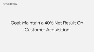 Growth Strategy
Goal: Maintain a 40% Net Result On
Customer Acquisition
 