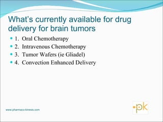 What’s currently available for drug delivery for brain tumors 1.  Oral Chemotherapy 2.  Intravenous Chemotherapy 3.  Tumor Wafers (ie Gliadel) 4.  Convection Enhanced Delivery www.pharmaco-kinesis.com 