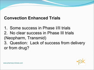 www.pharmaco-kinesis.com Convection Enhanced Trials 1.  Some success in Phase I/II trials  2.  No clear success in Phase III trials  (Neopharm, Transmid) 3.  Question:  Lack of success from delivery or from drug? 