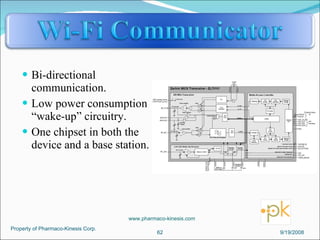 Bi-directional communication. Low power consumption “wake-up” circuitry. One chipset in both the device and a base station. 9/19/2008 Property of Pharmaco-Kinesis Corp. www.pharmaco-kinesis.com 