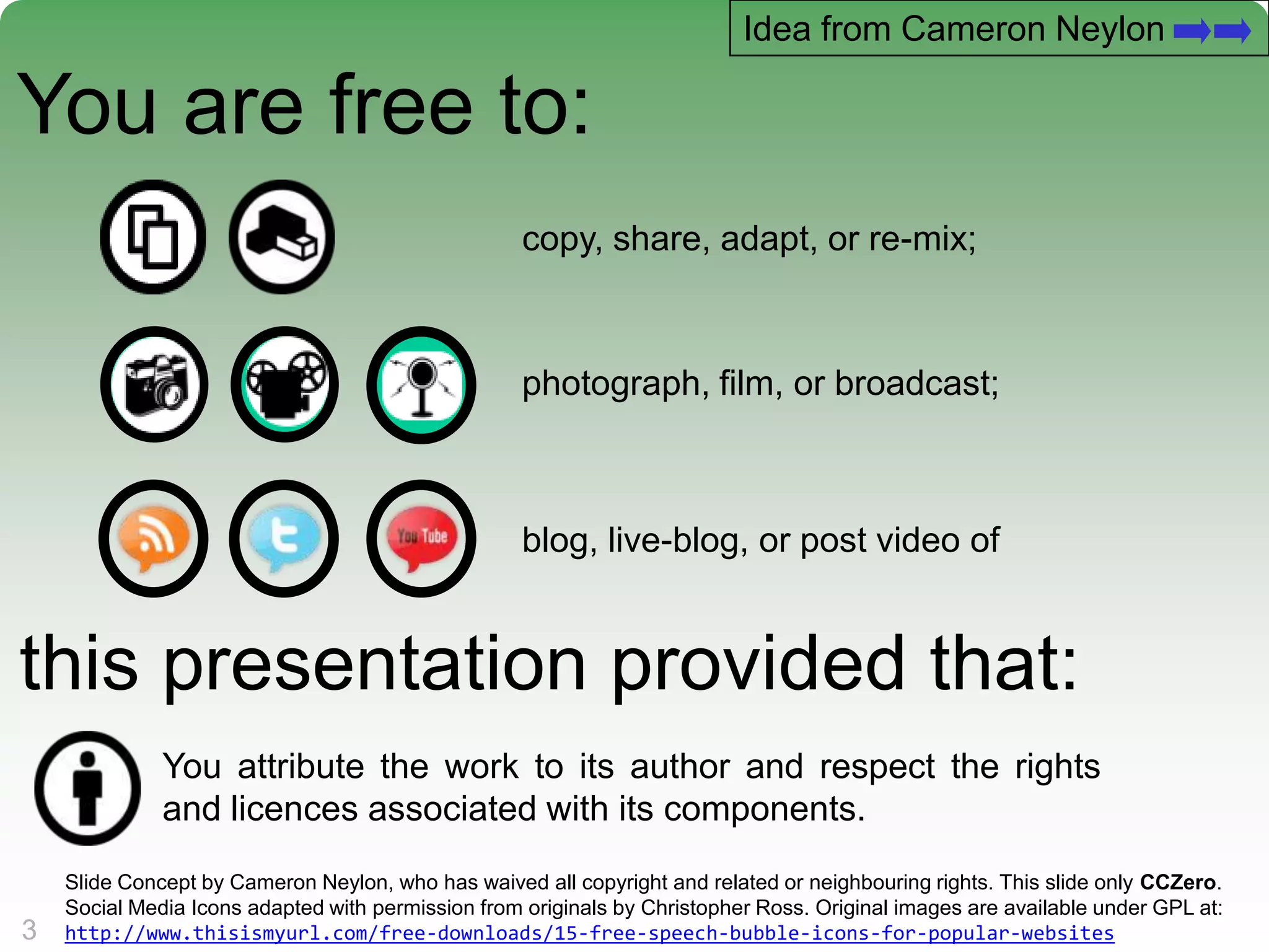 Idea from Cameron Neylon

You are free to:
                                                    copy, share, adapt, or re-mix;



                                                    photograph, film, or broadcast;



                                                    blog, live-blog, or post video of


this presentation provided that:
              You attribute the work to its author and respect the rights
              and licences associated with its components.
    Slide Concept by Cameron Neylon, who has waived all copyright and related or neighbouring rights. This slide only CCZero.
    Social Media Icons adapted with permission from originals by Christopher Ross. Original images are available under GPL at:
3   http://www.thisismyurl.com/free-downloads/15-free-speech-bubble-icons-for-popular-websites
 