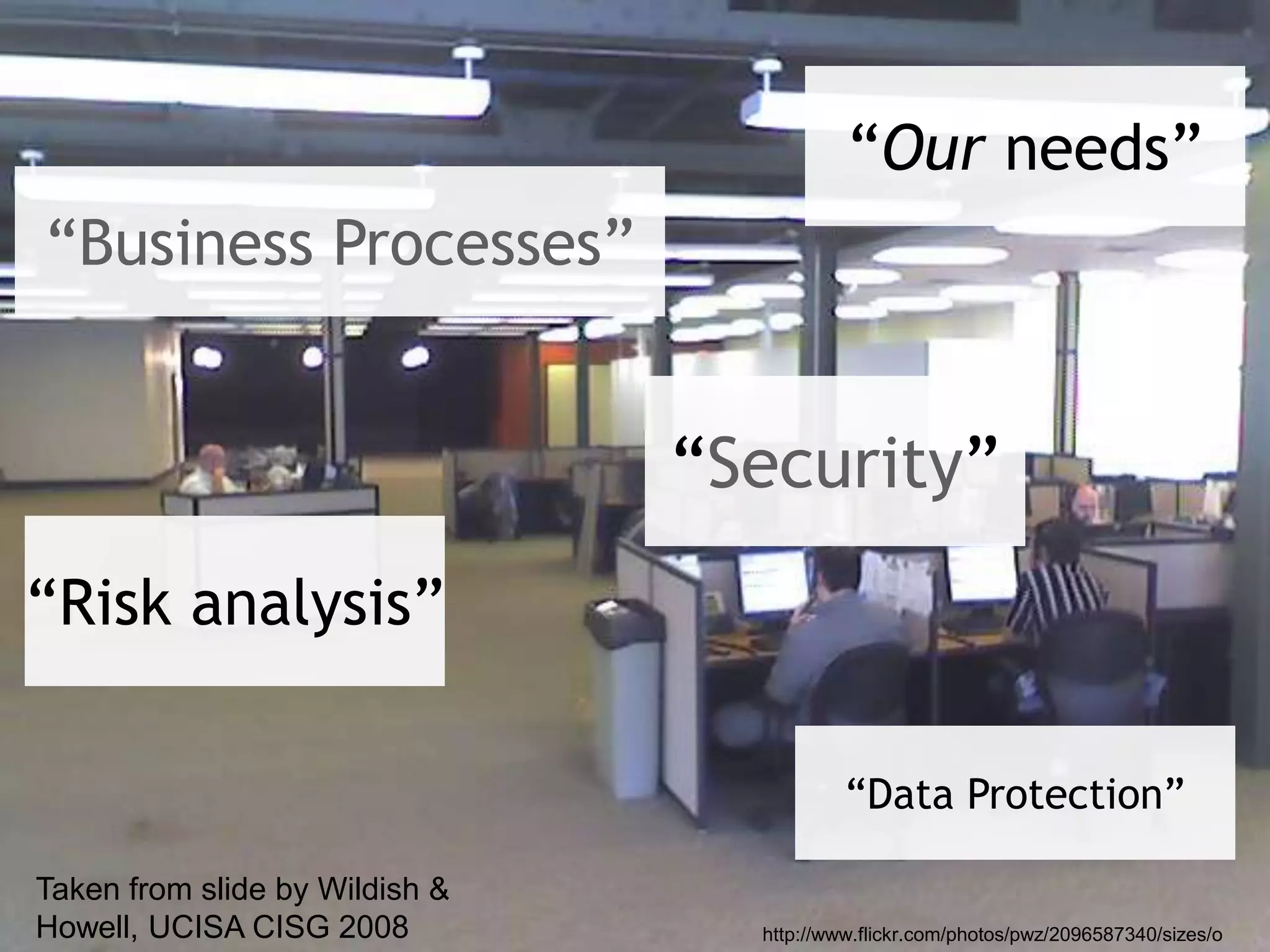 Management Information Systems
                        “Our needs”
“Business Processes”


                                “Security”
“Risk analysis”

                                             “Data Protection”

Taken from slide by Wildish &
Howell, UCISA CISG 2008                           http://www.flickr.com/photos/pwz/2096587340/sizes/o
                                  http://www.flickr.com/photos/pwz/2096587340/sizes/o
 