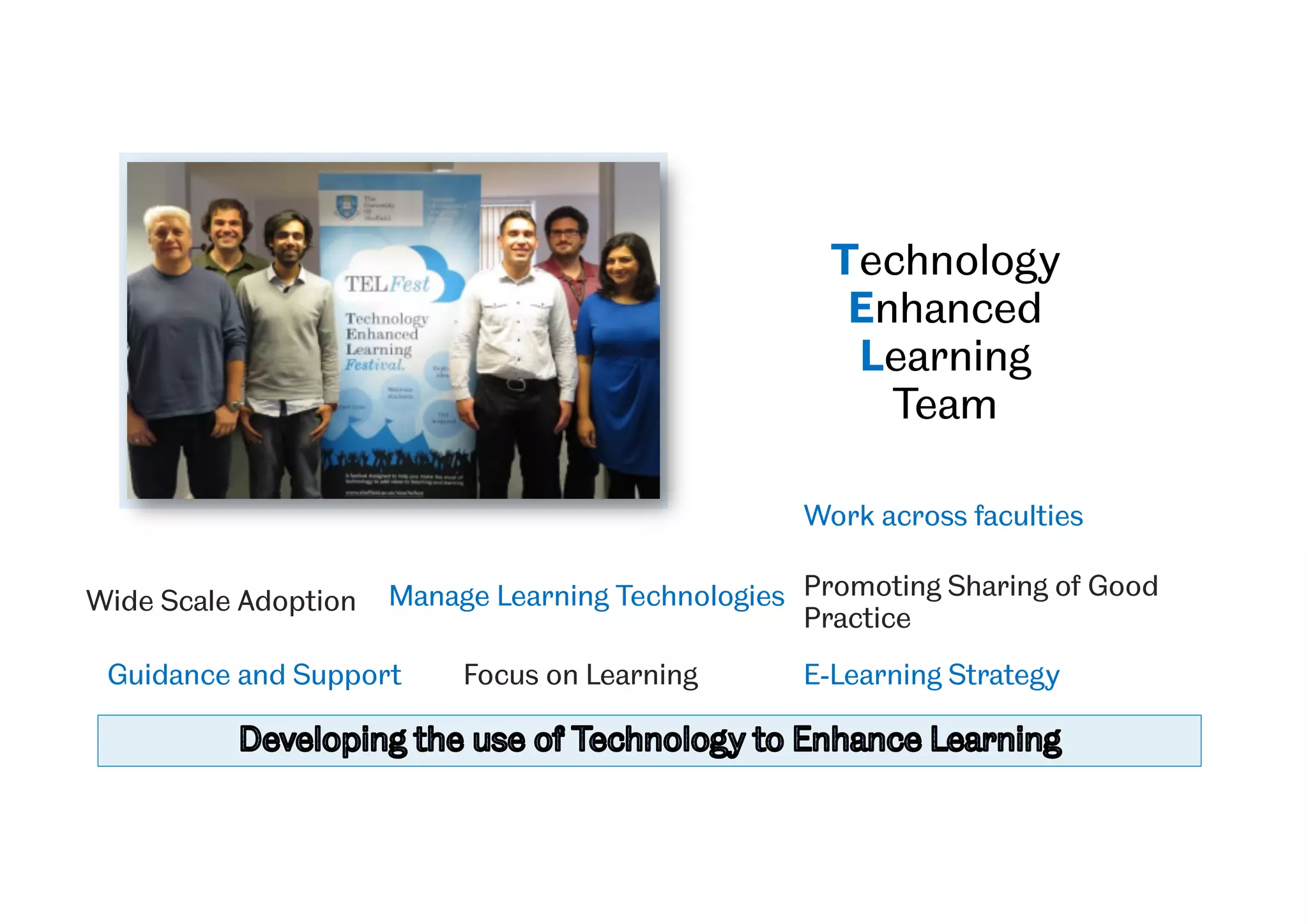 Technology
Enhanced
Learning
Team
Work across faculties
Promoting Sharing of Good
Practice
E-Learning Strategy
Manage Learning Technologies
Guidance and Support Focus on Learning
Wide Scale Adoption
 