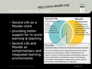 Sloodle intended as bridge… <ul><li>Second Life as a Moodle client </li></ul><ul><li>providing better support for in-world...