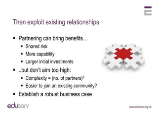 Cloud Deployment ModelsCommunity CloudInfrastructure shared between a “community of organisations”Owned & operated by the community or a 3rd party providerExamples include CERN’s Research Grid, the NGSHybrid CloudComposition of 2 or more CloudsBound together by (standardised) technologyExamples potentially includes the Government G-Cloud