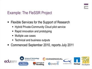 Pay-as-you-Go Clouds:Great for commercial services…Ad-supported websites, SaaS applications, etc;On-demand Cloud pricing matched by increased revenues;…Less so for “non-profit” servicesSites likely to be information-based & non-revenue generating;Often funded by fixed-term budgets with little flexibility;Cloud pricing becomes an unacceptable risk