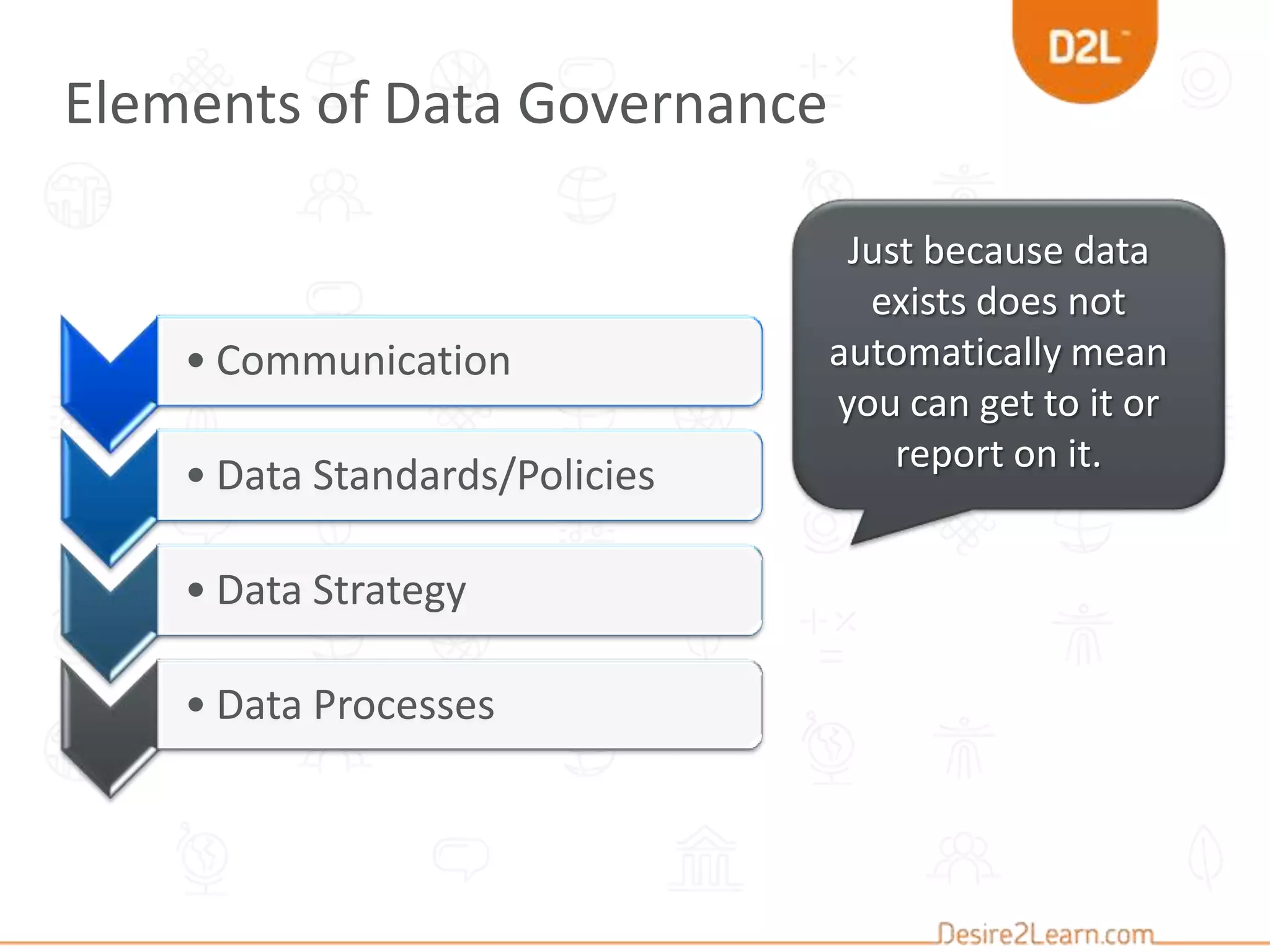 • Communication
• Data Standards/Policies
• Data Strategy
• Data Processes
Elements of Data Governance
Just because data
exists does not
automatically mean
you can get to it or
report on it.
 