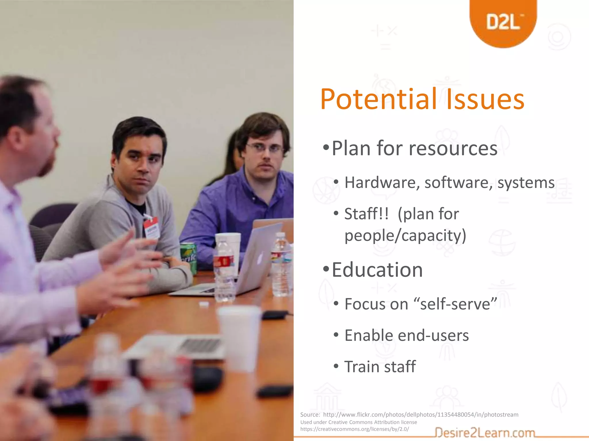 Potential Issues
•Plan for resources
• Hardware, software, systems
• Staff!! (plan for
people/capacity)
•Education
• Focus on “self-serve”
• Enable end-users
• Train staff
Source: http://www.flickr.com/photos/dellphotos/11354480054/in/photostream/
Used under Creative Commons Attribution license
https://creativecommons.org/licenses/by/2.0/
 