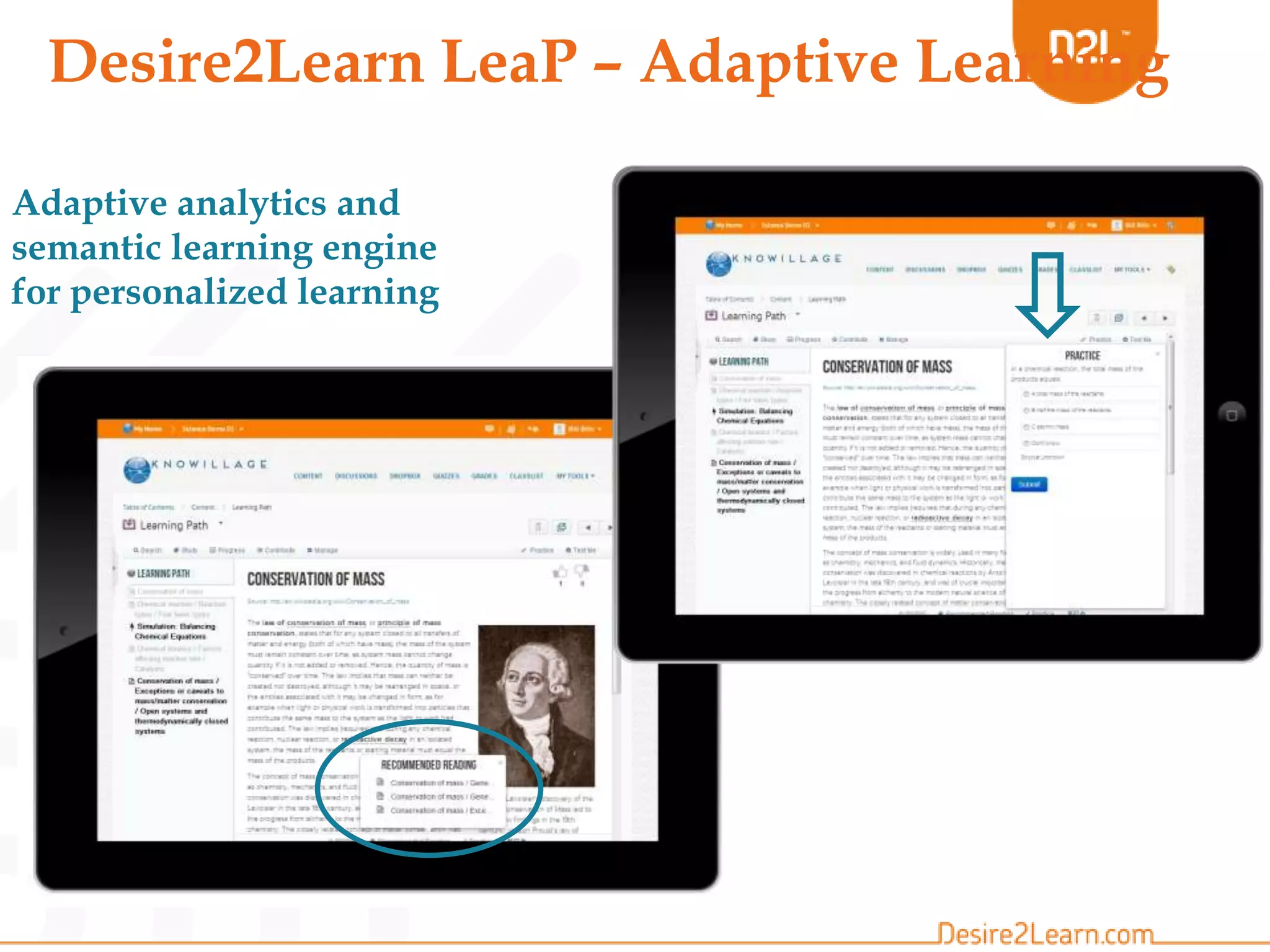 Desire2Learn LeaP – Adaptive Learning
Adaptive analytics and
semantic learning engine
for personalized learning
 