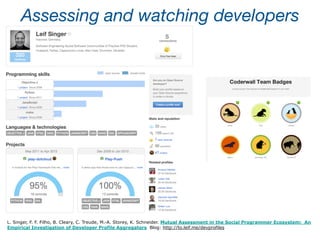 Perils from using GitHub data:
A repository is not necessarily a (development) project
Most projects are inactive or have few commits
Most projects are for personal use only
Only 10% of projects use pull requests
History can be rewritten on GitHub
A lot happens outside of GitHub
The Promises and Perils of Mining GitHub, Eirini Kalliamvakou et al., MSR 2014.
 