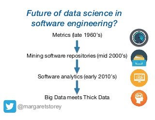 Future of data science in
software engineering?
Metrics (late 1960’s)
Mining software repositories (mid 2000’s)
Software analytics (early 2010’s)
Big Data meets Thick Data
@margaretstorey
 