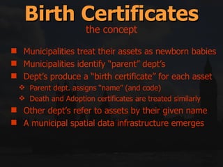 Birth Certificates Municipalities treat their assets as newborn babies Municipalities identify “parent” dept’s Dept’s produce a “birth certificate” for each asset  Parent dept. assigns “name” (and code) Death and Adoption certificates are treated similarly Other dept’s refer to assets by their given name A municipal spatial data infrastructure emerges the concept 