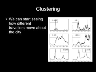 Clustering
●   We can start seeing
    how different
    travellers move about
    the city
 