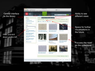 Filter and drill
down on the left
Central interface
to the library
Ability to see
different views
Space for further
visualisations in
the future
Focuses the mind
on the collections
 