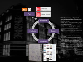 Research
Plan
Design
Prototype
Evaluate
Walks built into app, with podcasts
What about streets that no longer exist?
Need an overlay
Link to census data (ie animated graphs
from the economist)
Link to crime maps (uk police data)
Photos/ sketches available, combine with other resources
Link to Mayhew
Access handwritten/ transcribed records – issue with legibility, should
be able to access both
Be able to access data in different ways / categorise the contents
Stations and transport
Audio quotes of choice passages, to switch to audio as you walk
Make maps also available on line for those without phone, able to print out etc
‘on this day’ quotes
Street view (where you can hold your phone up and overlay a picture with what is
currently there…)
Alternative to street view, be able to toggle back and forth with google earth – you
can easily see what is there now
Things that still exist as they were in that time – ie pubs –Booth pub crawl
Alert system that sends you a message when you pass something of interest – tag
alerts
Create your own map and save it, publish it not only to homepage but also facebook,
other social media
Users can interact with each other – can see popularity of certain places or entries,
other users comments and the ability to add links and etc augmenting the info with
additional sources
Second class used the example of YELP, user comments can be pasted, could see
level of interest of that particular entry or location
For comments, should be able to make public or keep private and save them
Ability to save your maps, journal entries, notes – email to self
Alternative is to be able to bookmark things via a login process, 2nd class didn’t see
either as preferable
 