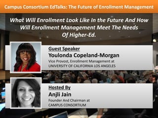 Youlonda Copeland-Morgan
Vice Provost, Enrollment Management at
UNIVERSITY OF CALIFORNIA LOS ANGELES
Guest Speaker
What Will Enrollment Look Like In the Future And How
Will Enrollment Management Meet The Needs
Of Higher-Ed.
Campus Consortium EdTalks: The Future of Enrollment Management
Anjli Jain
Founder And Chairman at
CAMPUS CONSORTIUM
Hosted By
 