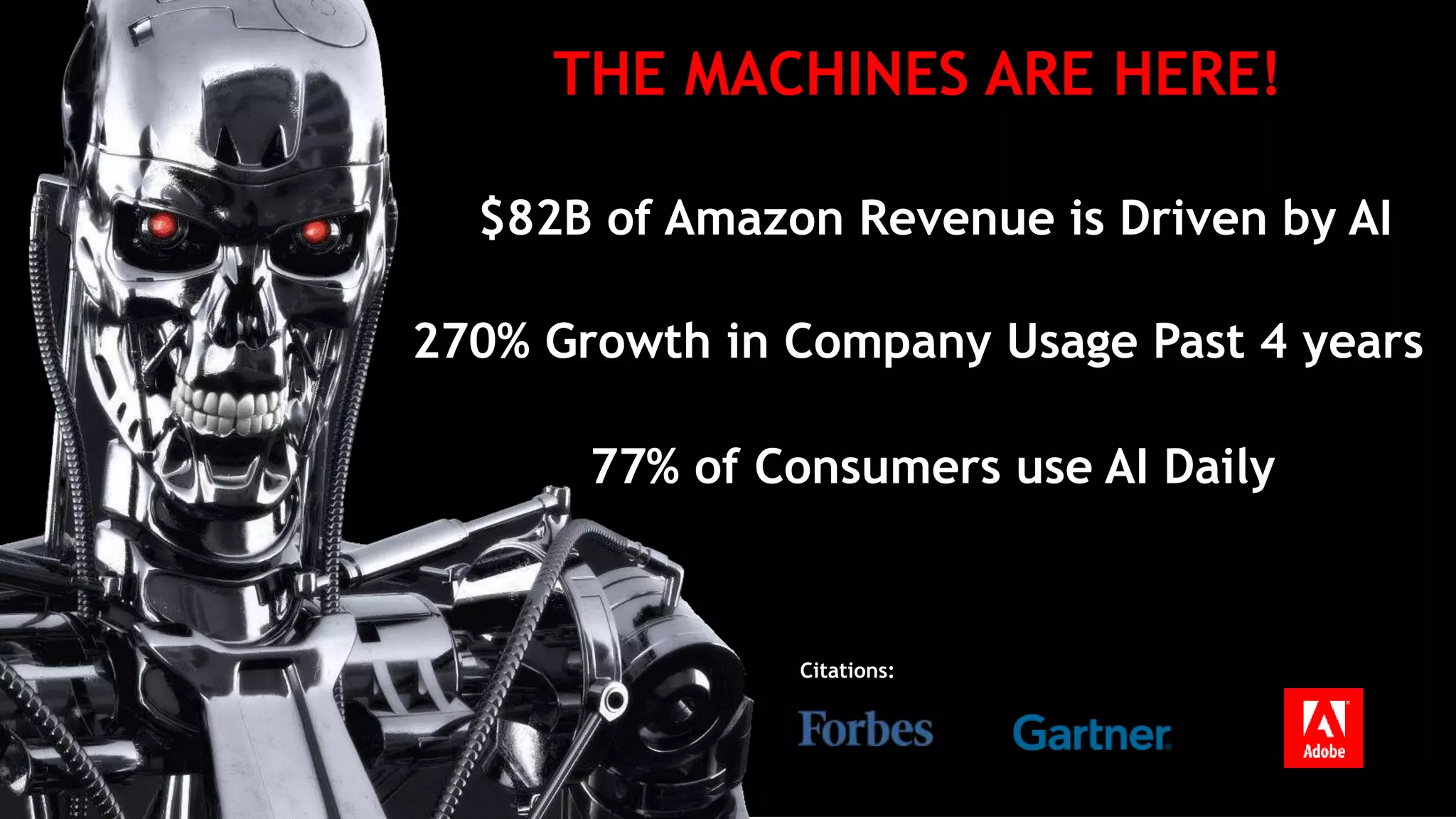 THE MACHINES ARE HERE!
$82B of Amazon Revenue is Driven by AI
270% Growth in Company Usage Past 4 years
77% of Consumers use AI Daily
Citations:
 