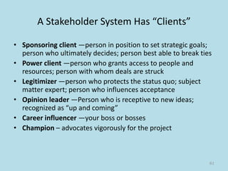 A Stakeholder System Has “Clients”
• Sponsoring client —person in position to set strategic goals;
person who ultimately decides; person best able to break ties
• Power client —person who grants access to people and
resources; person with whom deals are struck
• Legitimizer —person who protects the status quo; subject
matter expert; person who influences acceptance
• Opinion leader —Person who is receptive to new ideas;
recognized as “up and coming”
• Career influencer —your boss or bosses
• Champion – advocates vigorously for the project
61
 