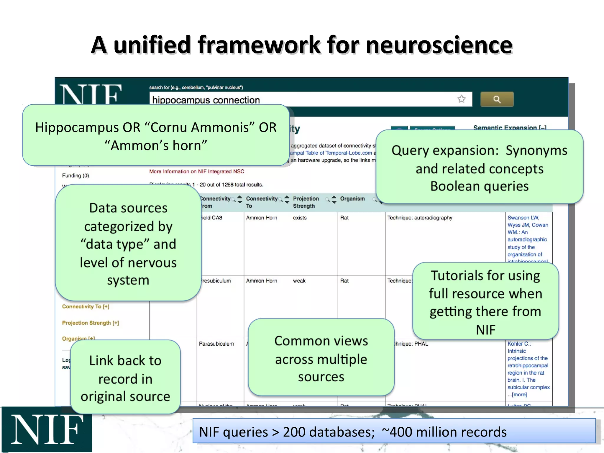 A unified framework for neuroscienceA unified framework for neuroscience
Hippocampus OR “Cornu Ammonis” OR
“Ammon’s horn”
Hippocampus OR “Cornu Ammonis” OR
“Ammon’s horn”
NIF queries > 200 databases; ~400 million recordsNIF queries > 200 databases; ~400 million records
 