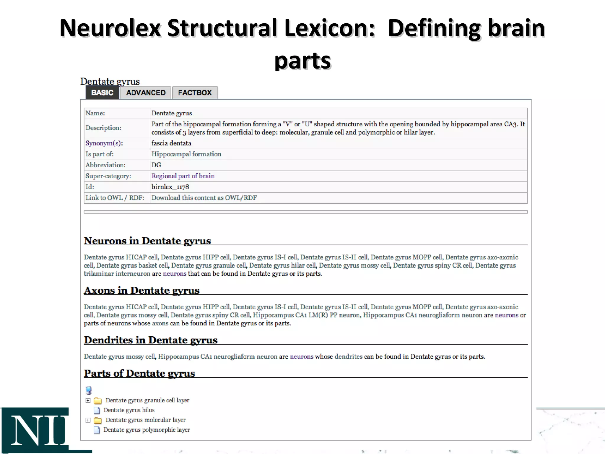 Neurolex Structural Lexicon: Defining brainNeurolex Structural Lexicon: Defining brain
partsparts
 
