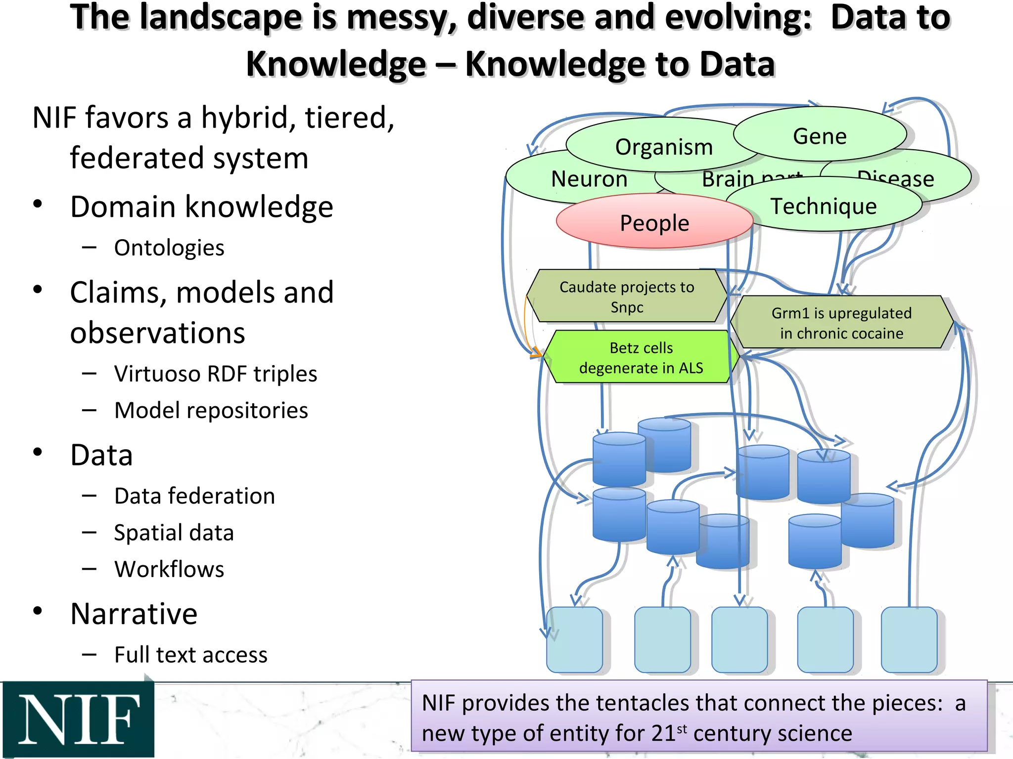 The landscape is messy, diverse and evolving: Data toThe landscape is messy, diverse and evolving: Data to
Knowledge – Knowledge to DataKnowledge – Knowledge to Data
NIF favors a hybrid, tiered,
federated system
• Domain knowledge
– Ontologies
• Claims, models and
observations
– Virtuoso RDF triples
– Model repositories
• Data
– Data federation
– Spatial data
– Workflows
• Narrative
– Full text access
NeuronNeuron Brain partBrain part DiseaseDisease
OrganismOrganism GeneGene
Caudate projects to
Snpc
Caudate projects to
Snpc Grm1 is upregulated
in chronic cocaine
Grm1 is upregulated
in chronic cocaine
Betz cells
degenerate in ALS
Betz cells
degenerate in ALS
NIF provides the tentacles that connect the pieces: a
new type of entity for 21st
century science
NIF provides the tentacles that connect the pieces: a
new type of entity for 21st
century science
TechniqueTechnique
PeoplePeople
 