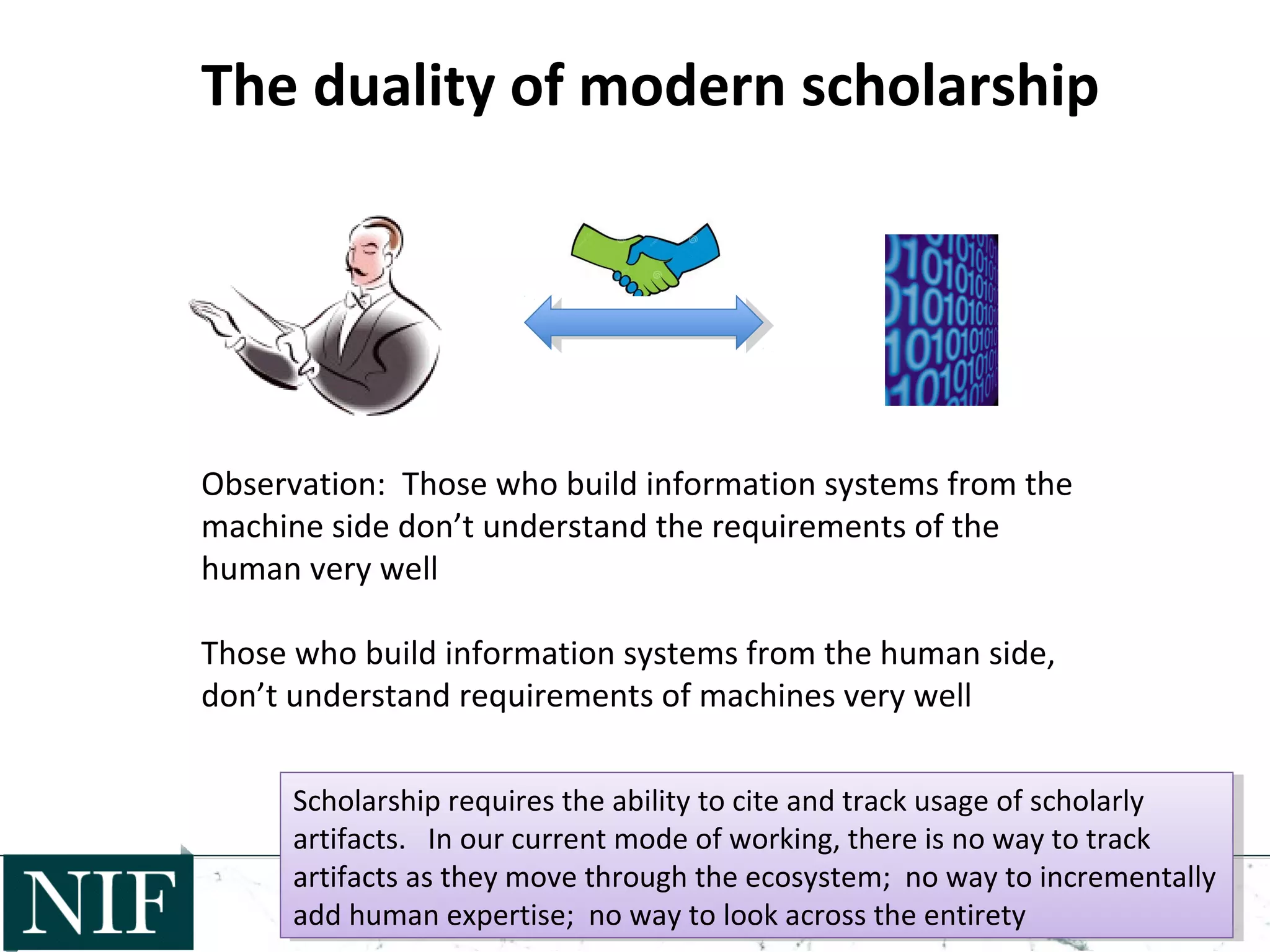 The duality of modern scholarship
Observation: Those who build information systems from the
machine side don’t understand the requirements of the
human very well
Those who build information systems from the human side,
don’t understand requirements of machines very well
Scholarship requires the ability to cite and track usage of scholarly
artifacts. In our current mode of working, there is no way to track
artifacts as they move through the ecosystem; no way to incrementally
add human expertise; no way to look across the entirety
Scholarship requires the ability to cite and track usage of scholarly
artifacts. In our current mode of working, there is no way to track
artifacts as they move through the ecosystem; no way to incrementally
add human expertise; no way to look across the entirety
 