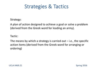 Strategy:
A plan of action designed to achieve a goal or solve a problem
(derived from the Greek word for leading an army).
Tactic:
The means by which a strategy is carried out – i.e., the specific
action items (derived from the Greek word for arranging or
ordering)
UCLA X469.21 Spring 2016
 