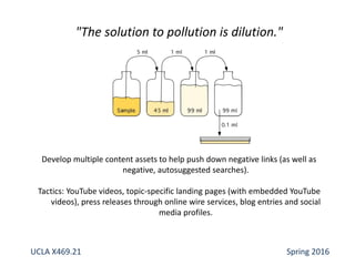 Develop multiple content assets to help push down negative links (as well as
negative, autosuggested searches).
Tactics: YouTube videos, topic-specific landing pages (with embedded YouTube
videos), press releases through online wire services, blog entries and social
media profiles.
"The solution to pollution is dilution."
UCLA X469.21 Spring 2016
 