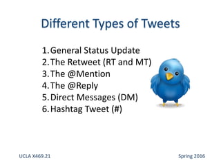 1.General Status Update
2.The Retweet (RT and MT)
3.The @Mention
4.The @Reply
5.Direct Messages (DM)
6.Hashtag Tweet (#)
UCLA X469.21 Spring 2016
 