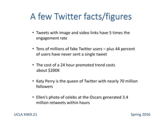 • Tweets with image and video links have 5 times the
engagement rate
• Tens of millions of fake Twitter users – plus 44 percent
of users have never sent a single tweet
• The cost of a 24 hour promoted trend costs
about $200K
• Katy Perry is the queen of Twitter with nearly 70 million
followers
• Ellen’s photo of celebs at the Oscars generated 3.4
million retweets within hours
UCLA X469.21 Spring 2016
 