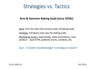 Goal: Turn the tide and increase sales of baking soda
Strategy: Introduce new uses for baking soda
Marketing Tactics: Advertising, retail promotions, new
product launch PR, publicity stunts, contests, etc.
Quiz... Is "build a Facebook page" a strategy or a tactic?
Arm & Hammer Baking Soda (circa 1970s)
UCLA X469.21 Fall 2016
 