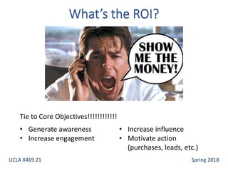 • Generate awareness
• Increase engagement
• Increase influence
• Motivate action
(purchases, leads, etc.)
Tie to Core Objectives!!!!!!!!!!!!
UCLA X469.21 Spring 2018
 