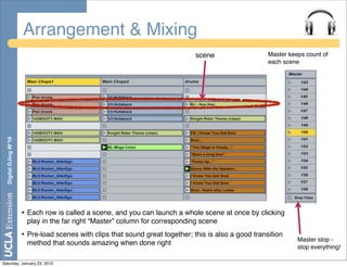 Arrangement & Mixing
                                                                                scene                   Master keeps count of
                                                                                                        each scene
  Digital DJing W’10




                       • Each row is called a scene, and you can launch a whole scene at once by clicking
                        play in the far right “Master” column for corresponding scene
                       • Pre-load scenes with clips that sound great together; this is also a good transition     Master stop -
                        method that sounds amazing when done right
                                                                                                                  stop everything!

Saturday, January 23, 2010
 