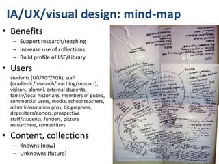 IA/UX/visual design: mind-map
• Benefits
   – Support research/teaching
   – Increase use of collections
   – Build profile of LSE/Library
• Users
  students (UG/PGT/PGR), staff
  (academic/research/teaching/support),
  visitors, alumni, external students,
  family/local historians, members of public,
  commercial users, media, school teachers,
  other information pros, biographers,
  depositors/donors, prospective
  staff/students, funders, picture
  researchers, competitors

• Content, collections
   – Knowns (now)
   – Unknowns (future)
 