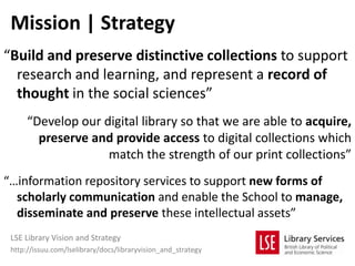 Mission | Strategy
“Build and preserve distinctive collections to support
  research and learning, and represent a record of
  thought in the social sciences”
      “Develop our digital library so that we are able to acquire,
        preserve and provide access to digital collections which
                    match the strength of our print collections”
“…information repository services to support new forms of
  scholarly communication and enable the School to manage,
  disseminate and preserve these intellectual assets”
 LSE Library Vision and Strategy
 http://issuu.com/lselibrary/docs/libraryvision_and_strategy
 