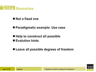 Scenarios Not a fixed one  Paradigmatic example: Use case  Help to construct all possible Evolution hints Leave all possible degrees of freedom 