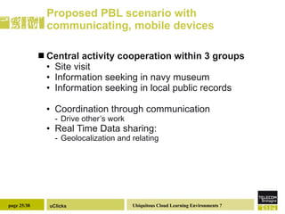 Proposed PBL scenario with  communicating, mobile devices Central activity cooperation within 3 groups  Site visit Information seeking in navy museum Information seeking in local public records Coordination through communication Drive other’s work Real Time Data sharing:  Geolocalization and relating 
