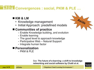 Convergences : social, PKM & PLE … KM & LM Knowledge management  Initial Approach: predefined models Communities of practice Enable Knowledge building, and evolution Enable learning  The good level to approach knowledge Participative Web – Natural Support  Integrate human factor Personalization PKM & PLE See:  The future of e-learning: a shift to knowledge networking and social software by Chatti et al. Aside 