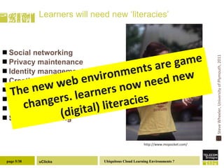 Learners will need new ‘literacies’ Social networking Privacy maintenance Identity management Creating content Organising content Reusing and repurposing Filtering and selecting Self broadcasting The new web environments are game changers. learners now need new (digital) literacies  http://www.mopocket.com/ Steve Wheeler, University of Plymouth, 2011 