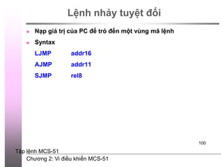 Chương 2: Vi điều khiển MCS-51
100
Lệnh nhảy tuyệt đối
 Nạp giá trị của PC để trỏ đến một vùng mã lệnh
 Syntax
LJMP addr16
AJMP addr11
SJMP rel8
Tập lệnh MCS-51
 