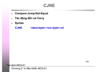 Chương 2: Vi điều khiển MCS-51
103
CJNE
 Compare-Jump-Not-Equal
 Tác động đến cờ Carry
 Syntax
CJNE <dest-byte>,<src-byte>,rel
Tập lệnh MCS-51
 