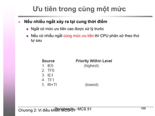 Chương 2: Vi điều khiển MCS-51
Peripherals - MCS 51 169
Ưu tiên trong cùng một mức
 Nếu nhiều ngắt xảy ra tại cung thời điểm
 Ngắt có mức ưu tiên cao được xử lý trước
 Nếu có nhiều ngắt cùng mức ưu tiên thì CPU phân xử theo thứ
tự sau
 