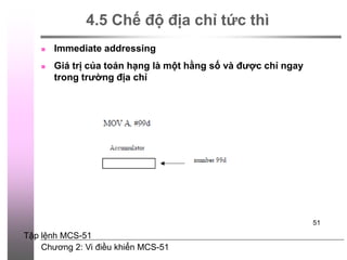 Chương 2: Vi điều khiển MCS-51
51
4.5 Chế độ địa chỉ tức thì
 Immediate addressing
 Giá trị của toán hạng là một hằng số và được chỉ ngay
trong trường địa chỉ
Tập lệnh MCS-51
 