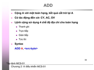 Chương 2: Vi điều khiển MCS-51
55
ADD
 Cộng A với một toán hạng, kết quả cất trở lại A
 Có tác động đến cờ: CY, AC, OV
 Lệnh cộng sử dụng 4 chế độ địa chỉ cho toán hạng
 Thanh ghi
 Trực tiếp
 Gián tiếp
 Tức thì
 Syntax
ADD A, <src-byte>
Tập lệnh MCS-51
 